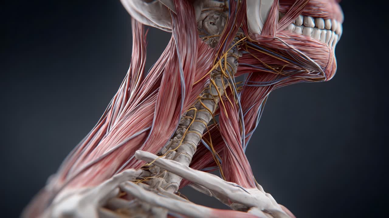 Rappresentazione Anatomica Dettagliata della Muscolatura Umana e del Sistema Nervoso nella Regione del Collo, Evidenziando le Intricate Connessioni tra Fibre Muscolari e Nervi