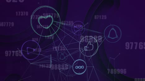 Animation-of-numbers-changing-over-network-with-digital-icons-on-purple-background