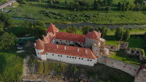 drone aerial looking down on the restored bauska castle after restoration in latvia