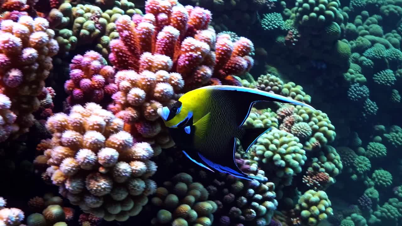 Scena video subacquea di una vivace barriera corallina con un pesce colorato che nuota.