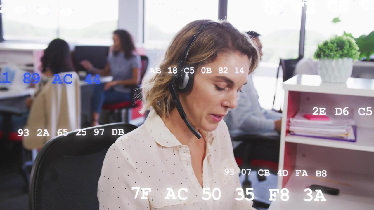 Call ringing, call center rep speaking and typing, helping caller, overlay streaming over desk