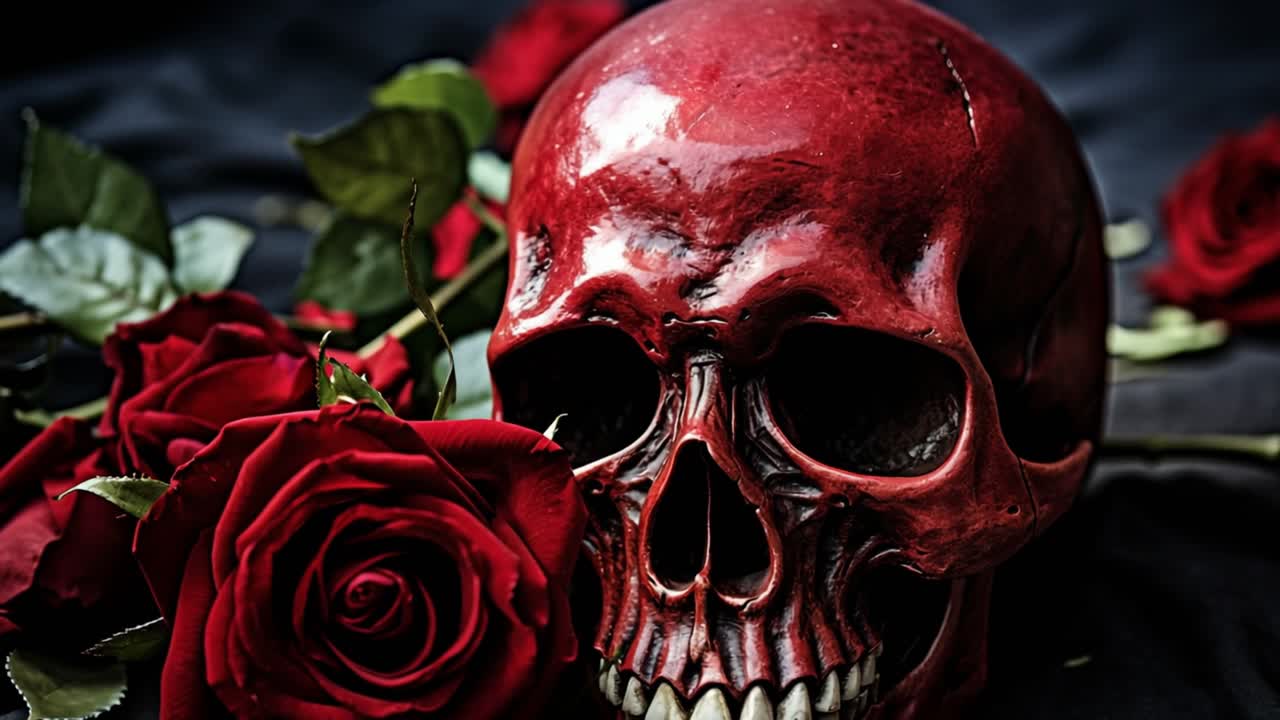 Red painted human skull resting near red roses on a dark background, creating a dramatic and symbolic still life composition, evoking themes of mortality, love, and the passage of time