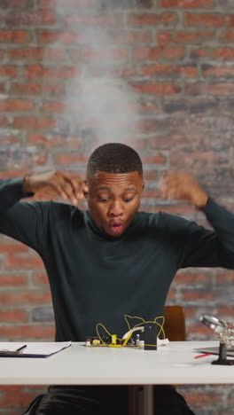 funny african-american guy technician with smoke rising above head scared of short circuit shakes hands at workplace in scientific laboratory