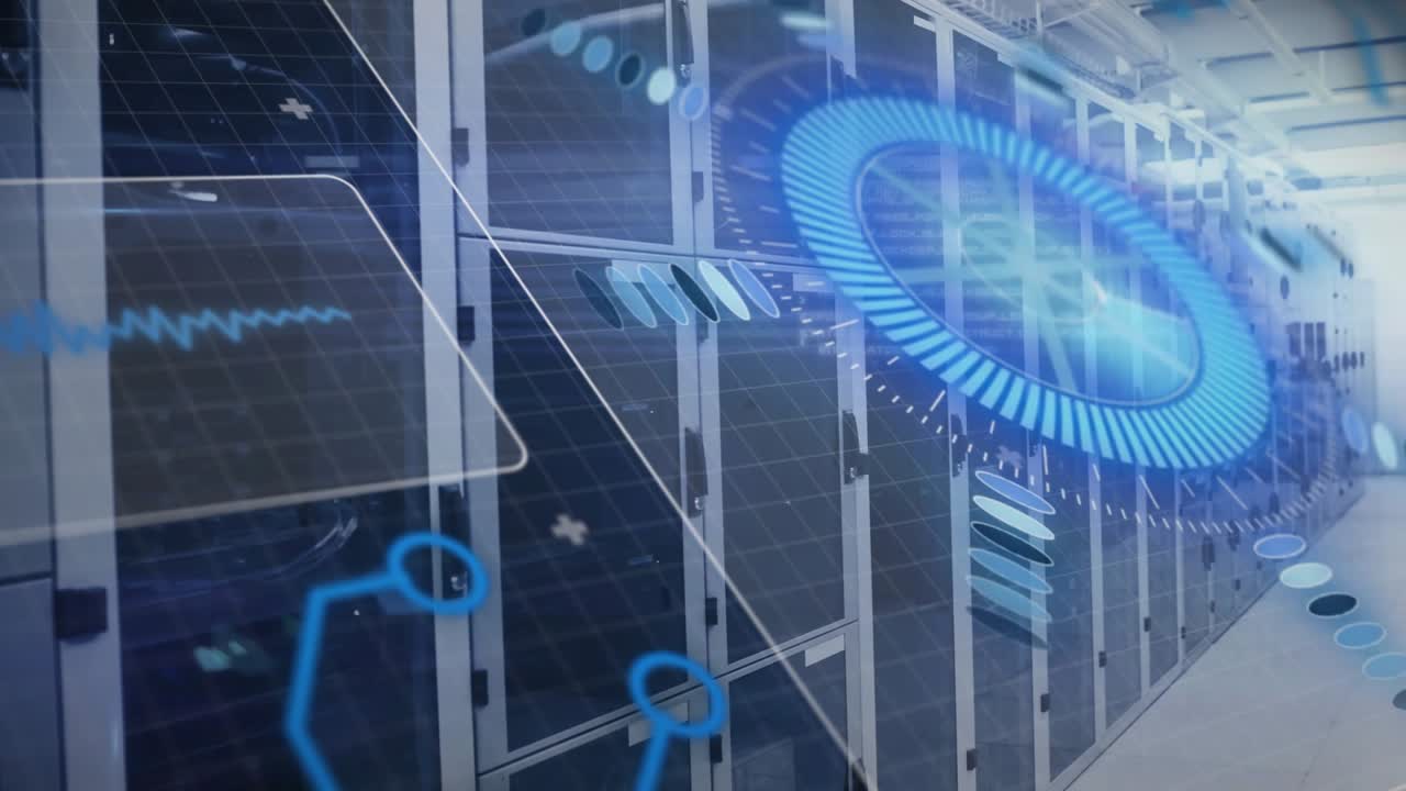 Ping initiating, server cabinets with blue HUD rotating and pulsing, visualizing network health