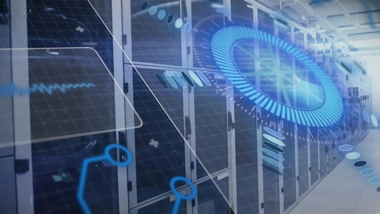 Ping initiating, server cabinets with blue HUD rotating and pulsing, visualizing network health