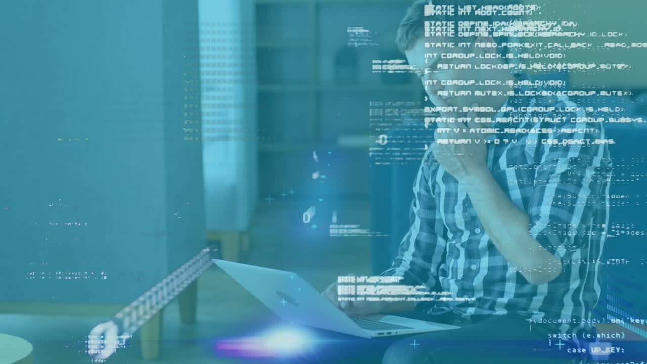 animación del procesamiento de datos sobre un hombre de negocios que usa una computadora portátil