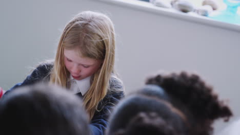 a schoolgirl sitting in primary school class talking to her classmates, front view, selective focus