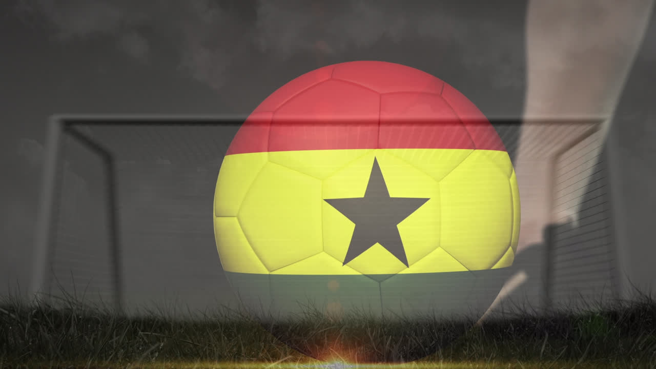 animación de la bandera de ghana y el fútbol sobre el estadio