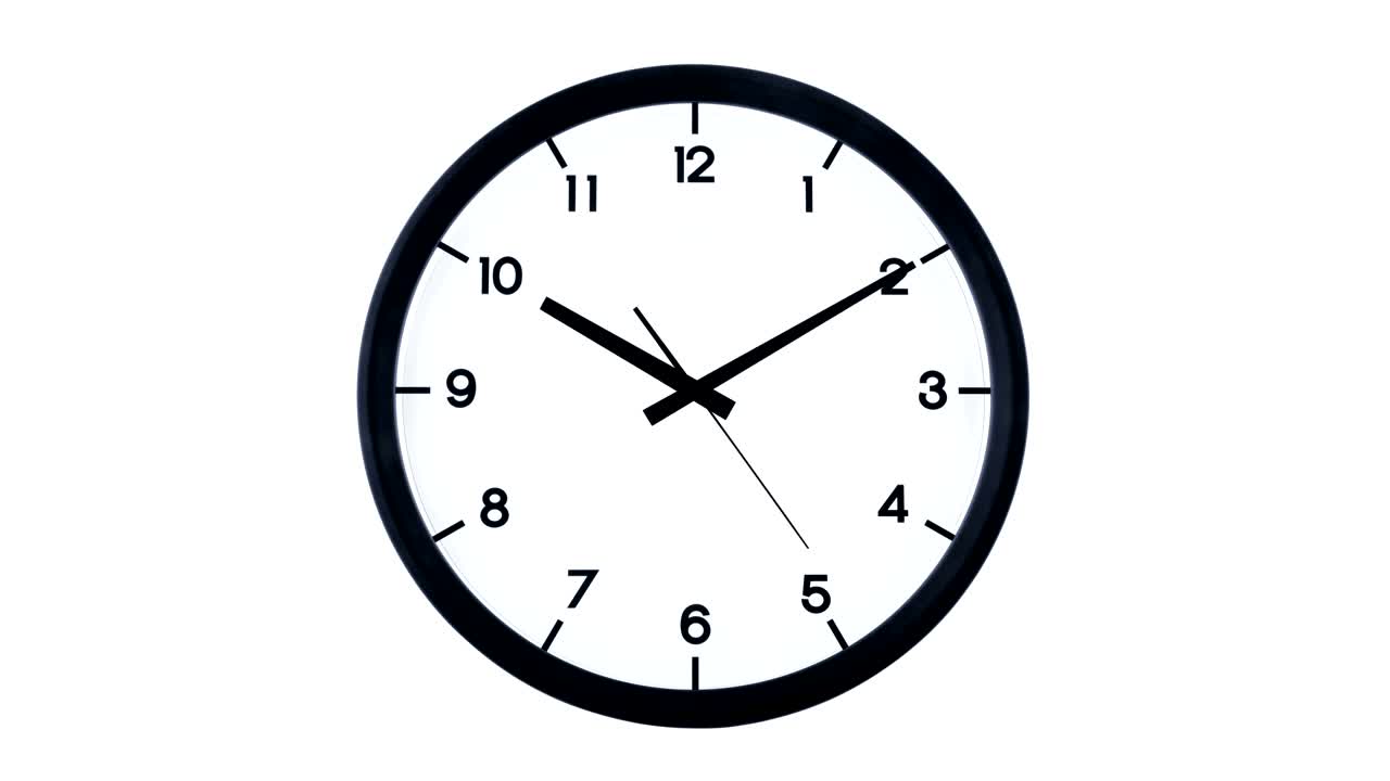 Classic analog clock moving isolated on white background. Time passing 1 minute, starting at ten ten.