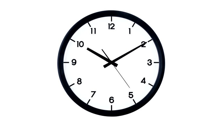 Classic analog clock moving isolated on white background. Time passing 1 minute, starting at ten ten.