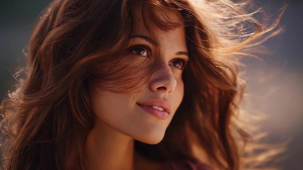 Bellezza accattivante: Ritratto di una donna con capelli fluenti in luce naturale, che evoca emozioni di serenità, grazia e pace interiore, accarezzata da una leggera brezza.