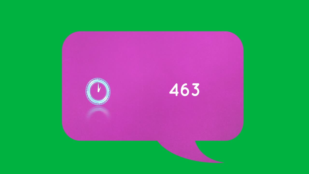 Neon ticking clock and increasing numbers on pink speech bubble against green background
