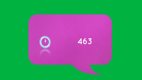 Neon-ticking-clock-and-increasing-numbers-on-pink-speech-bubble-against-green-background