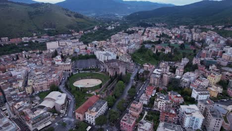 Rocca-Pia-historical-castle-at-the-centre-of-Tivoli,-aerial-toward