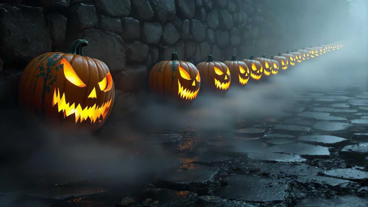 Glowing jack-o'-lanterns lined along a misty stone pathway creating an eerie Halloween atmosphere