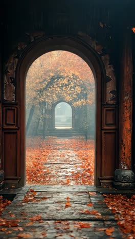 autumn paths through arched gateways in a serene garden