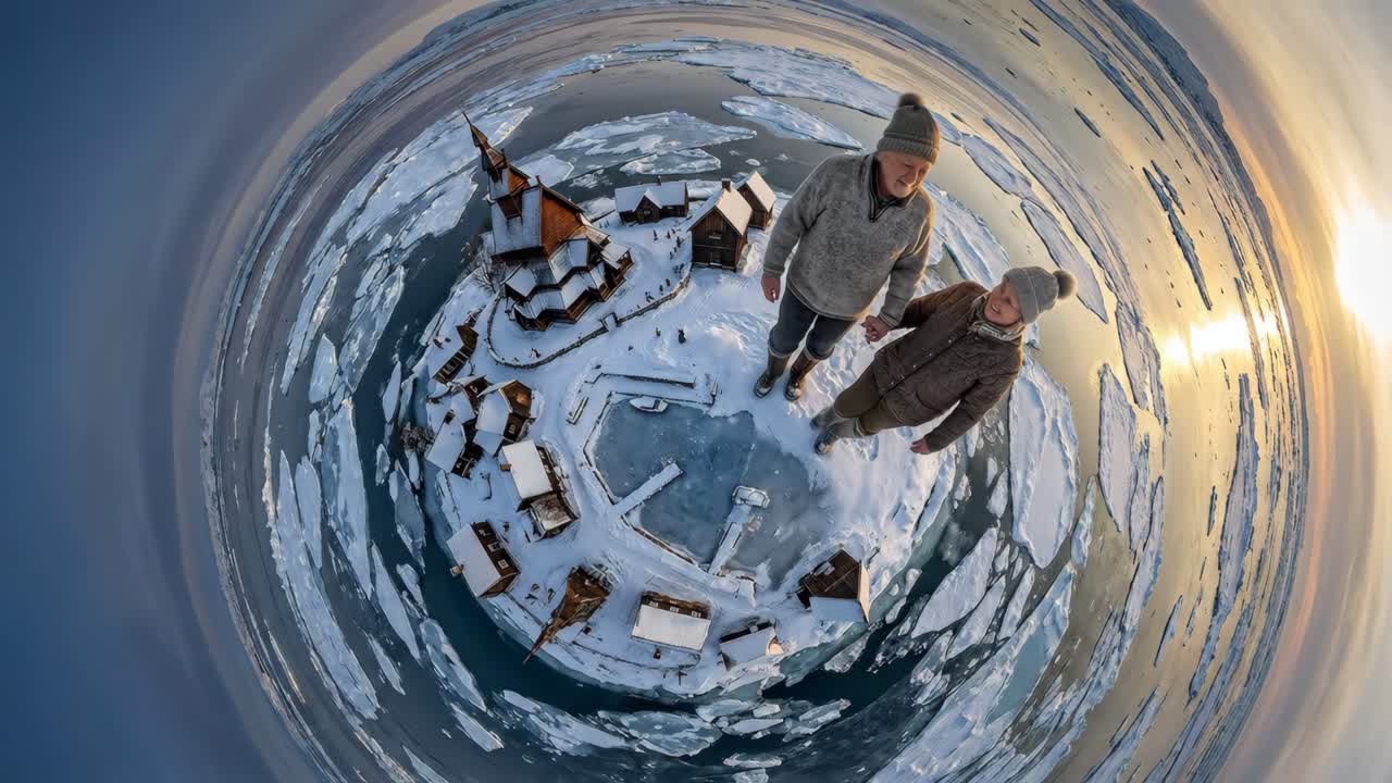 Couple Standing on Tiny Planet Island with Snowy Village and Ice Floes