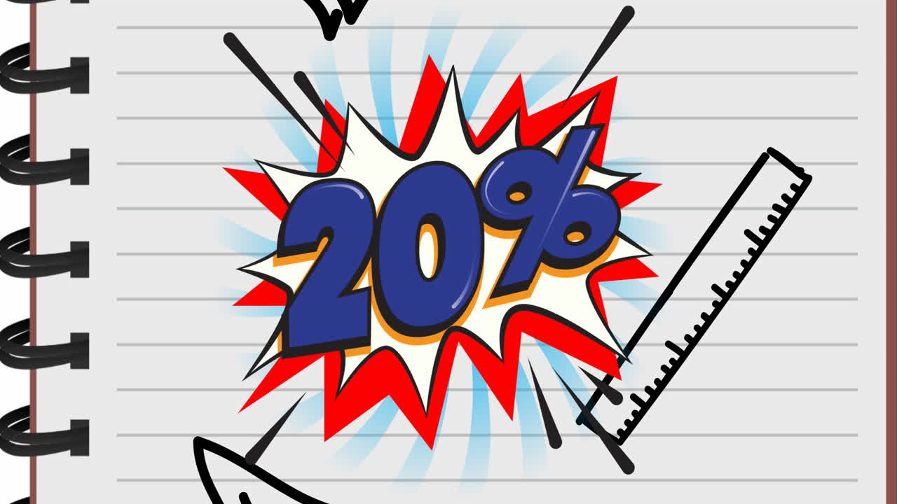 animación de texto de venta del 20 por ciento sobre los iconos de la escuela.