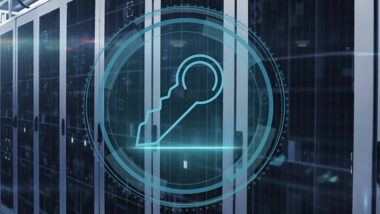 animación de texto de ciberseguridad y escáner con procesamiento de iconos clave en la sala del servidor