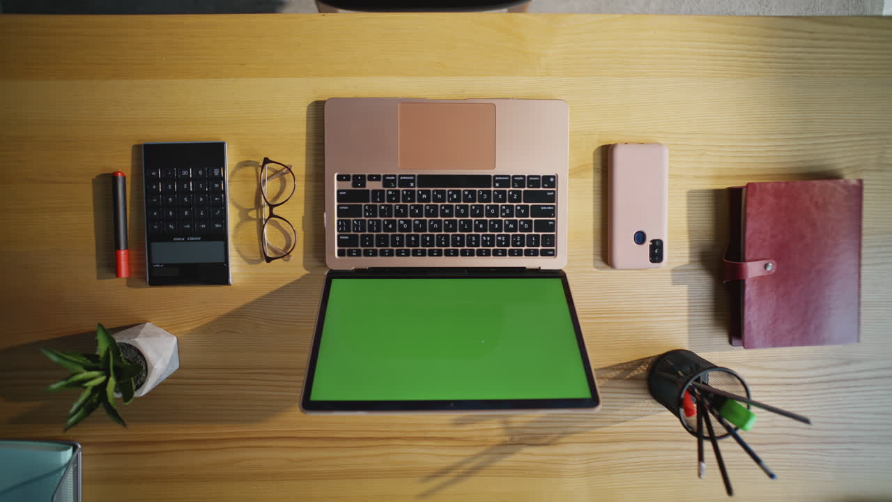 Top view chromakey workplace. Mockup computer monitor standing company desk
