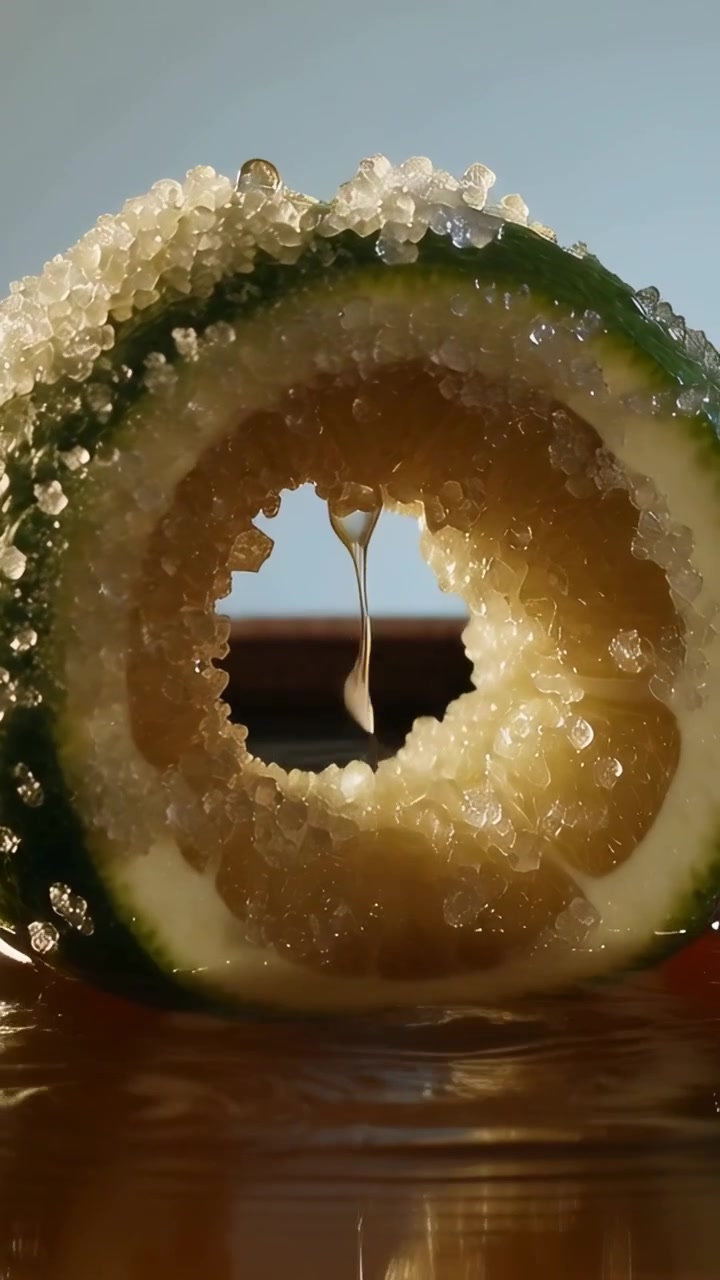 Vertikal video: Dråbetæller hælder sirup gennem en sukret hul lime-ring på en tallerken, hvilket skaber krusninger