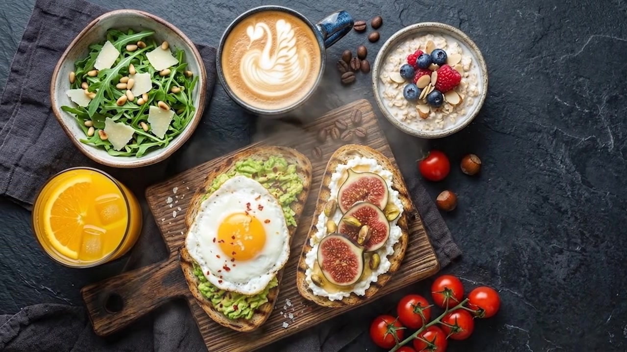 Colazione sana e variegata con toast all'avocado e caffè