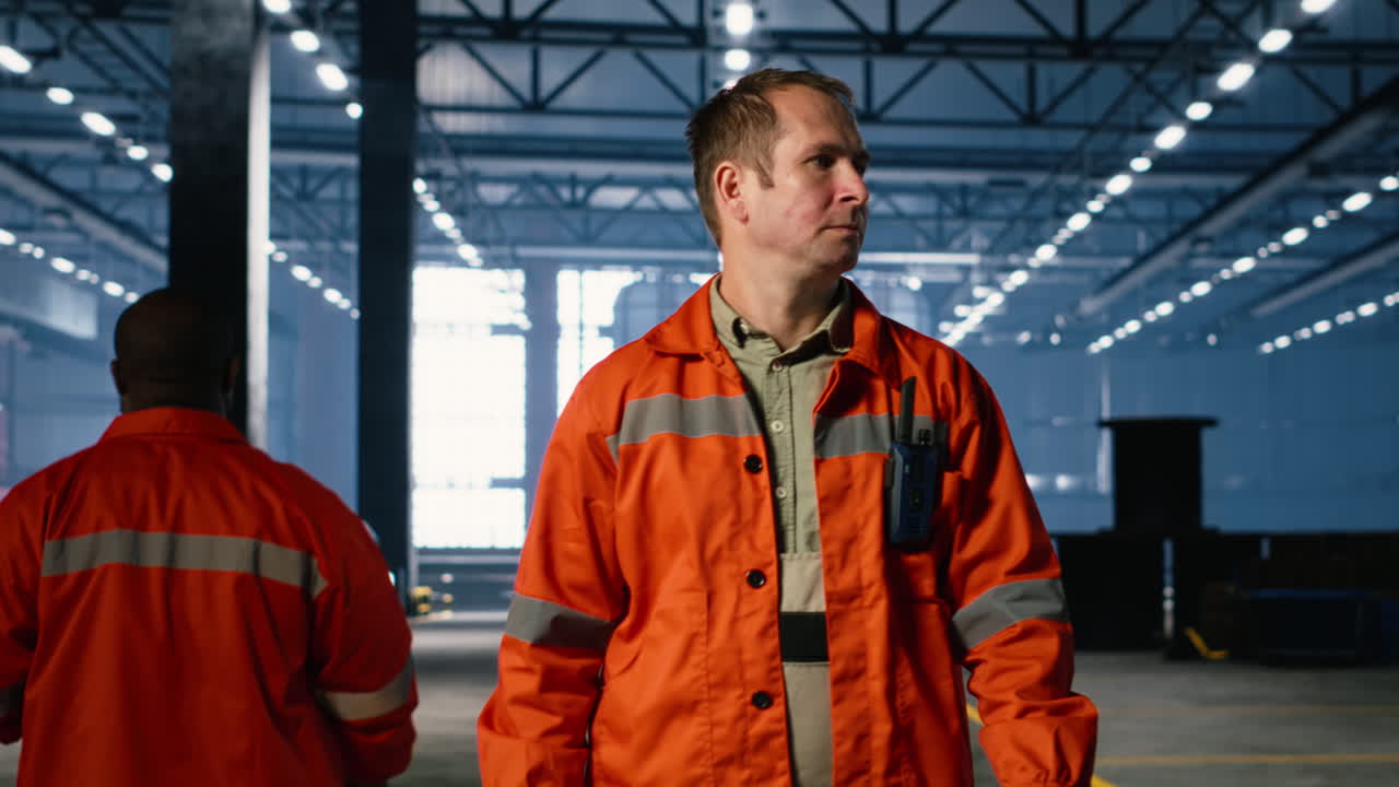 Industrial supervisor walking around factory floor and overseeing assembly teams