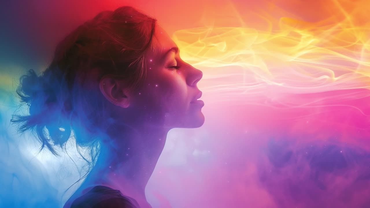A woman in profile, meditating with a colorful aura