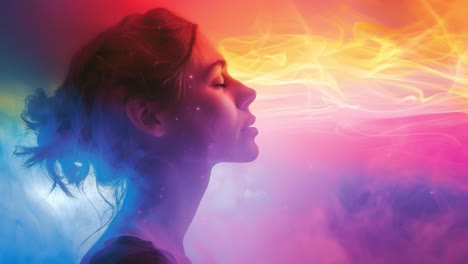 a woman in profile, meditating with a colorful aura