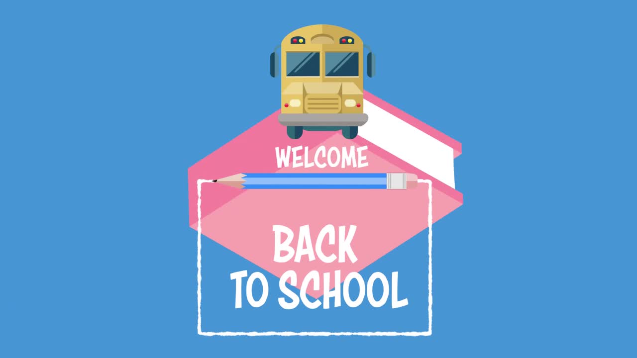 파란색 배경의 책 디지털 아이콘 위에 학교로 돌아가는 텍스트의 애니메이션