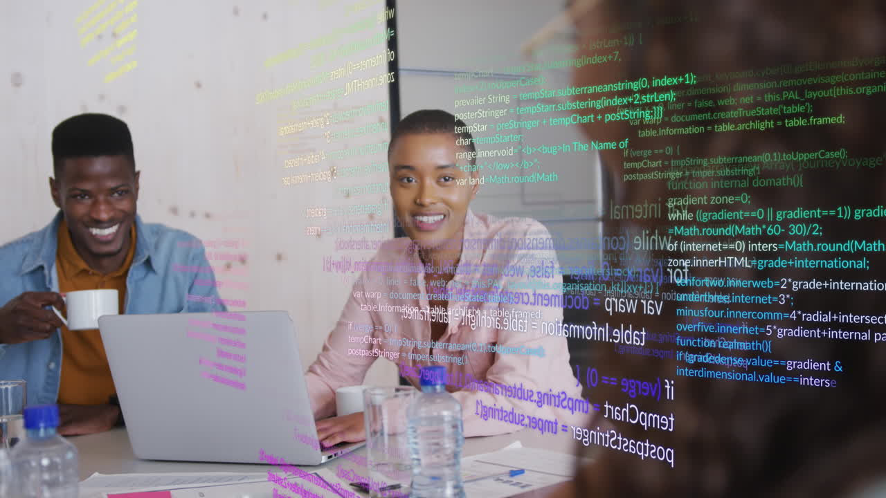 Animation of financial data processing over diverse business people in office