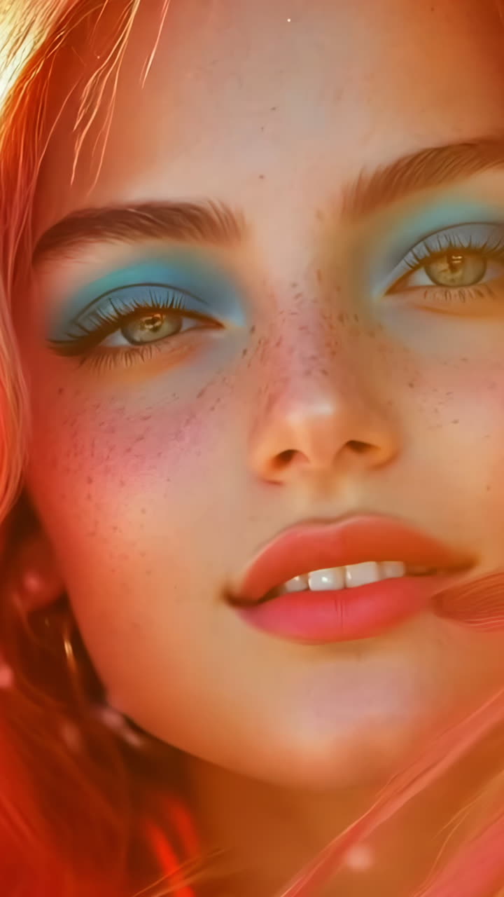 A woman with long red hair and blue eyes is smiling. She is wearing a blue shirt and has blue eye makeup