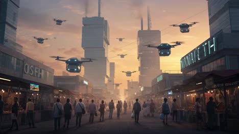 a futuristic market scene at dusk with drones overhead and people strolling through vibrant stalls in a high-tech urban environment