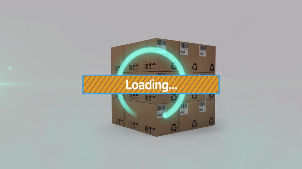 Animation of data processing over cardboard boxes on white background