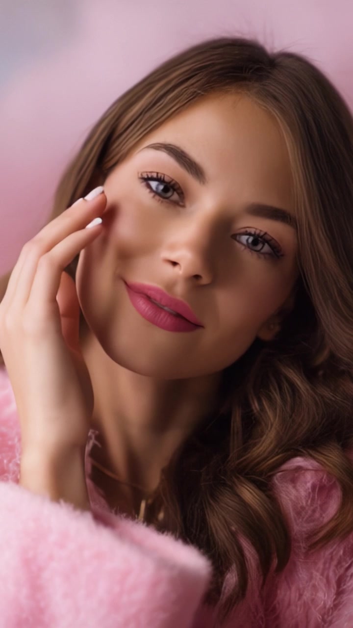 Ritratto accattivante di una giovane donna con pelle radiosa e un elegante outfit rosa su uno sfondo pastello tenue, che esprime eleganza e sicurezza.