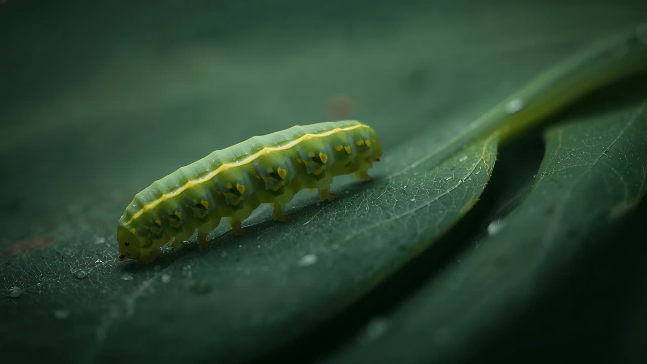 Bruco verde-giallo a strisce che si muove lungo una foglia, pascolando il fusto dopo le contrazioni del corpo