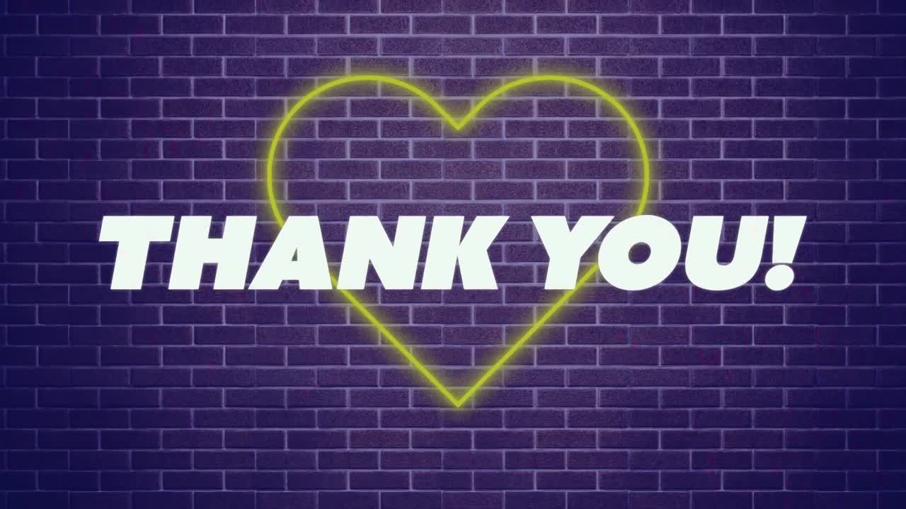 벽돌 벽 배경에 네온 노란색 심장 아이콘 위에 감사 텍스트 배너의 애니메이션