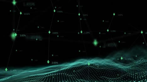 animación de flechas y cerebro hecho de textos de negocios sobre puntos móviles en fondo negro