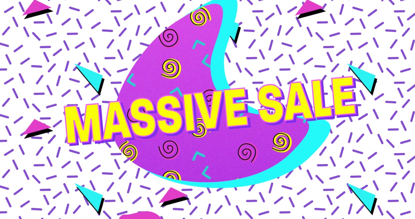 Animation of massive sale text on abstract pattern, geometric shapes and lines over white background