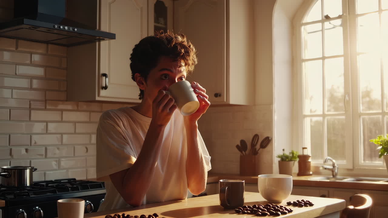 Persona che si gusta un caffè in cucina