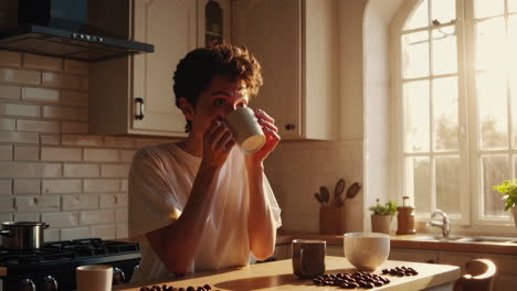 person enjoying coffee in the kitchen