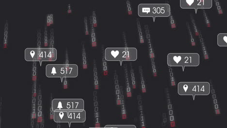 animation of binary code and social media notifications floating in digital space