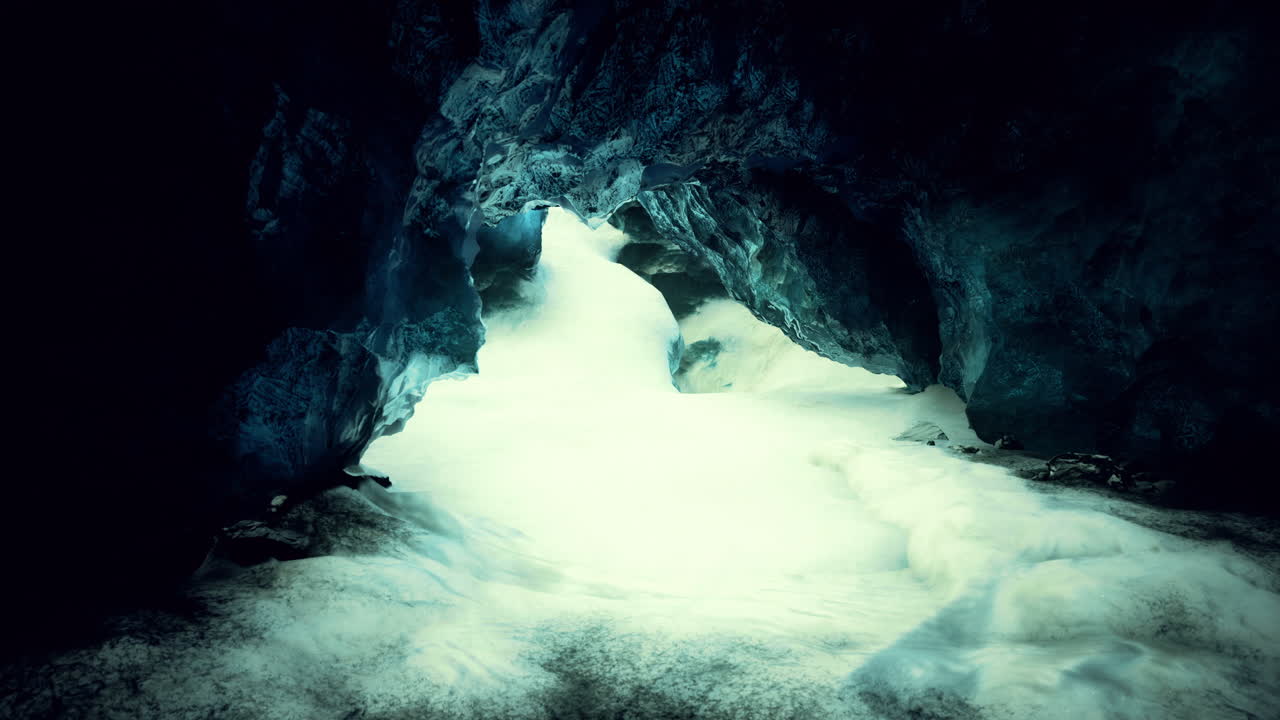 Mysterious ice cave with ethereal light illuminating glacial formations