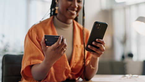 woman, credit card and hands with phone for online