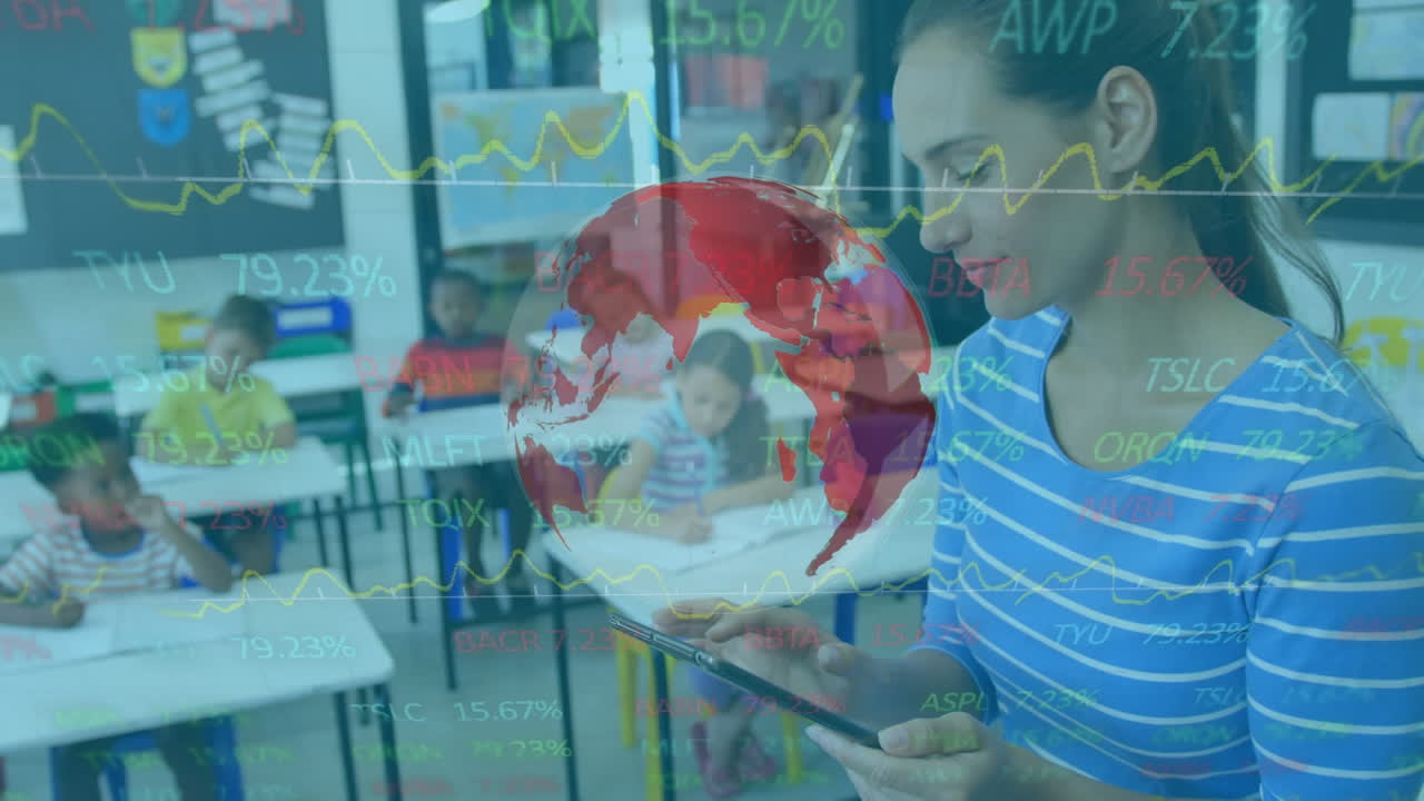 animación de datos del mercado de valores contra una maestra biracial que usa una tableta digital en la escuela