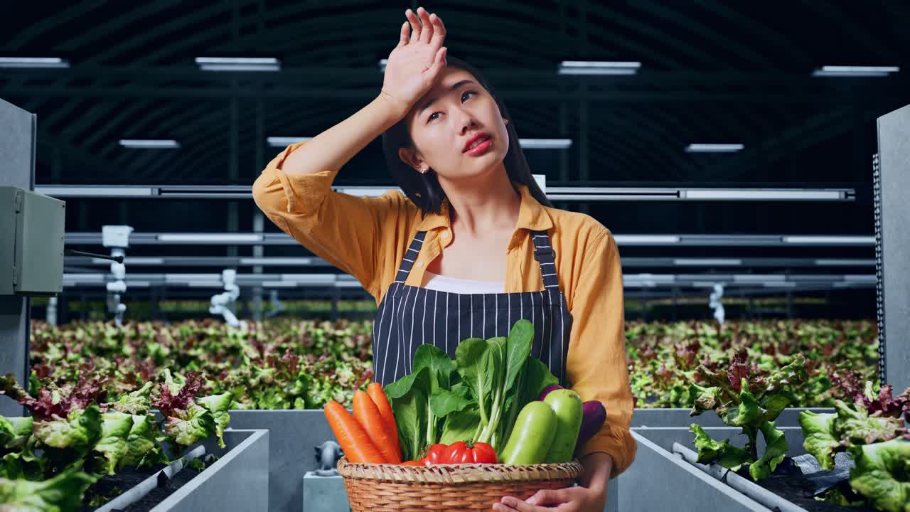 스마트 에 서 있는 채소 바구니와 함께 피곤한 아시아 여성 농부