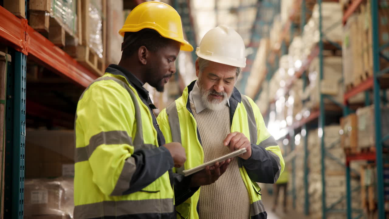 Warehouse workers inspecting inventory with a tablet