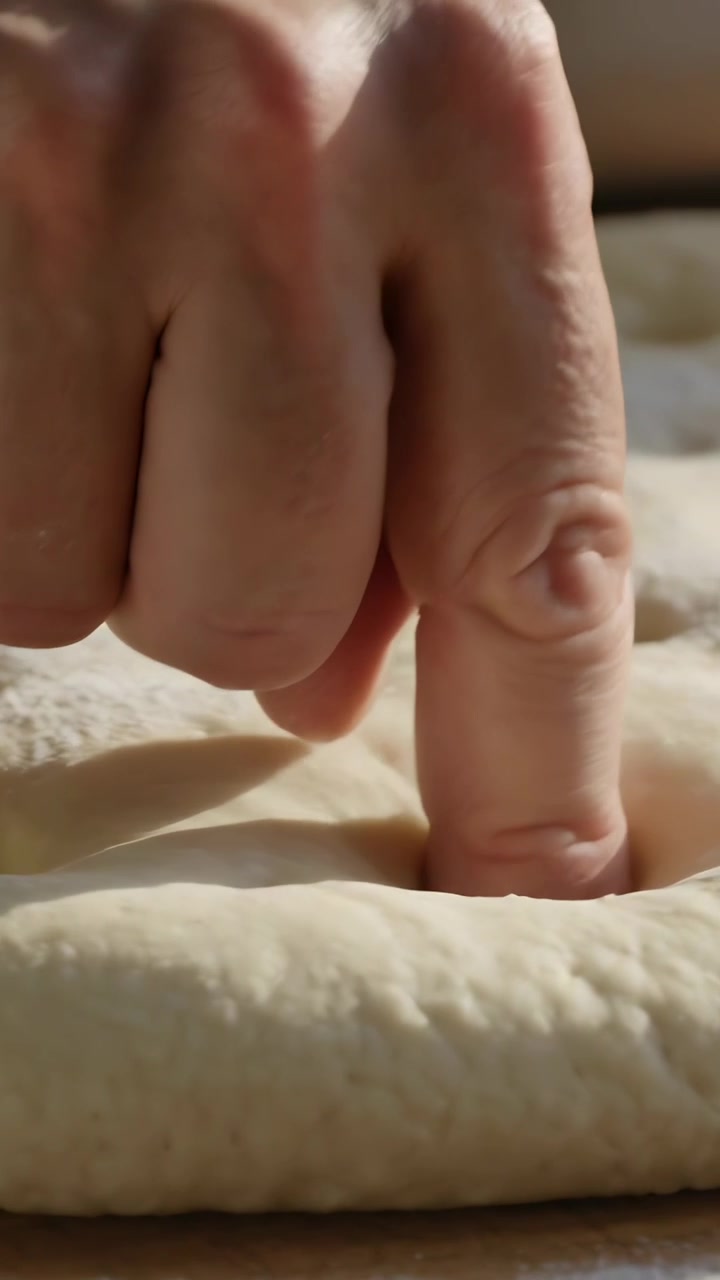 Vertical video: Lowering adult fingertip dimpling floured dough at kitchen counter, preparing bread
