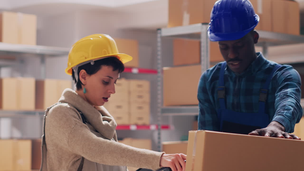 Warehouse workers scanning boxes in a storage facility