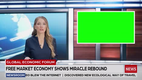 newsroom tv studio live news program: caucasian female presenter reporting, green screen chroma key screen picture. television cable channel anchor woman talks. network broadcast mock-up playback